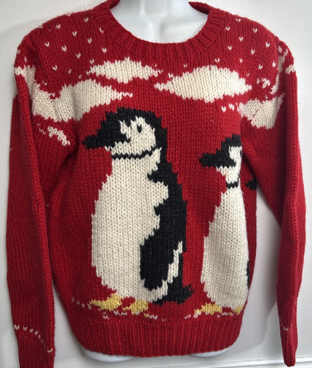 Vintage 80s Sweater Woolrich Penquins Wool Womens Small Cottagecore Chunky Knit